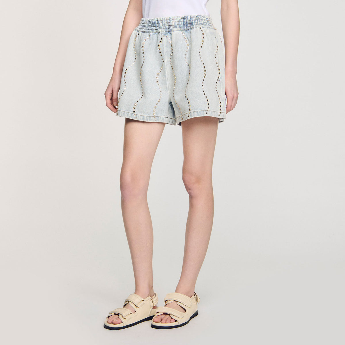 Sandro Beaded and rhinestone denim shorts