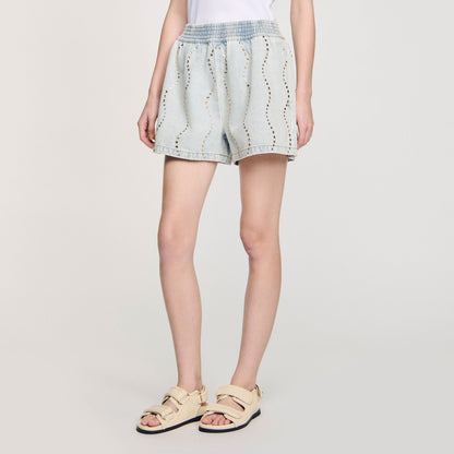 Sandro Beaded and rhinestone denim shorts