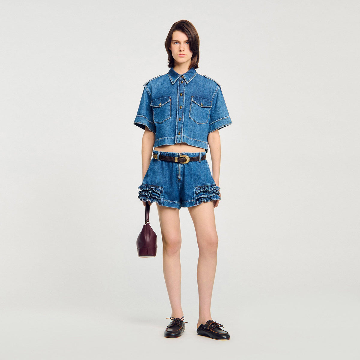 Sandro Ruffled denim shorts