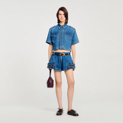 Sandro Ruffled denim shorts