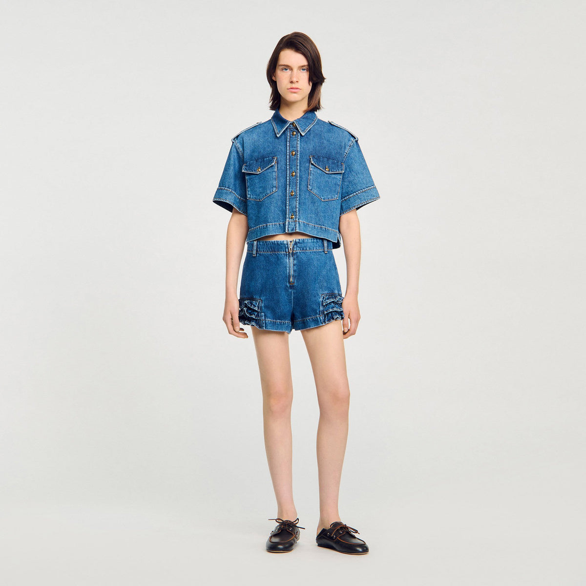 Sandro Ruffled denim shorts