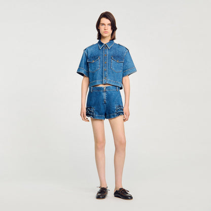 Sandro Ruffled denim shorts
