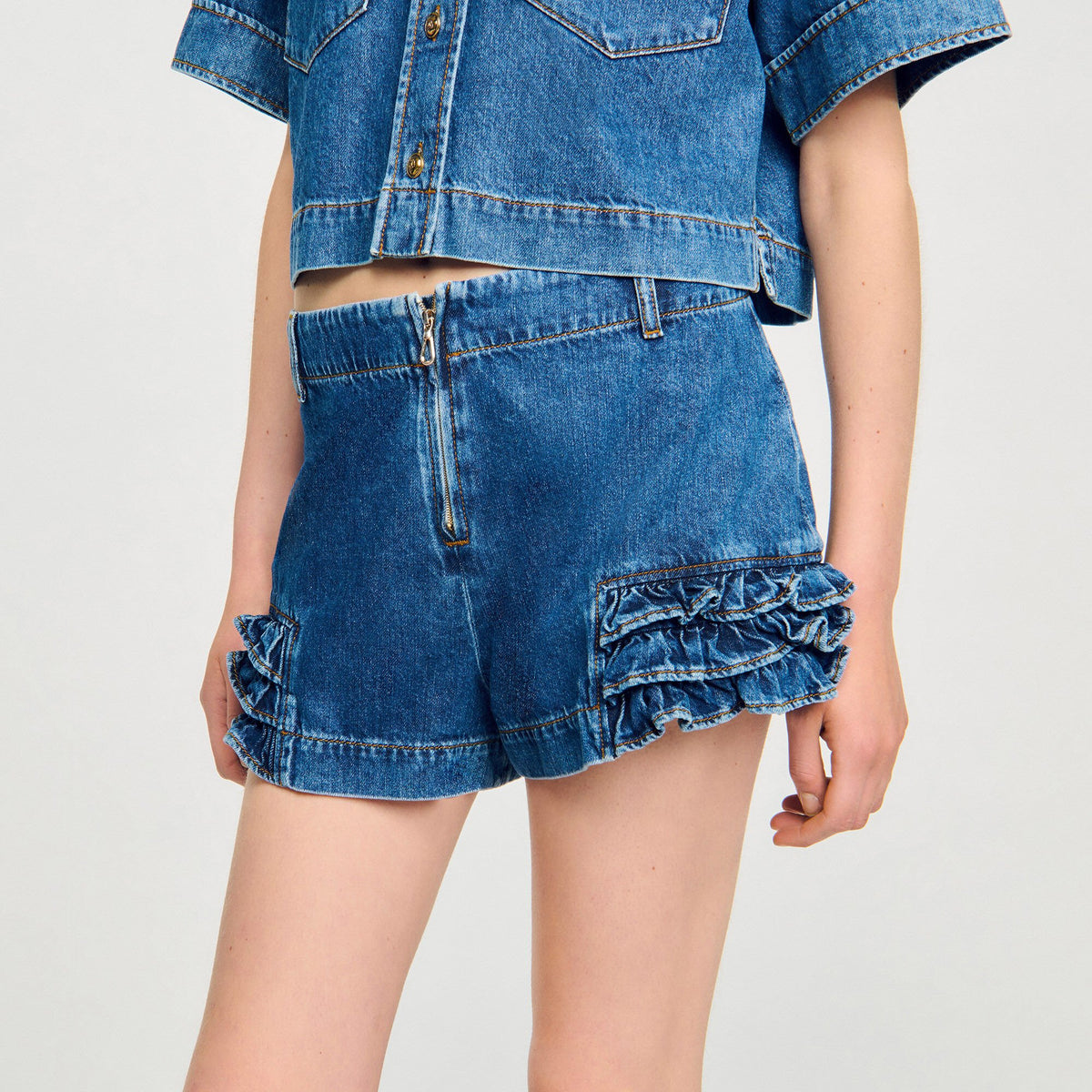 Sandro Ruffled denim shorts