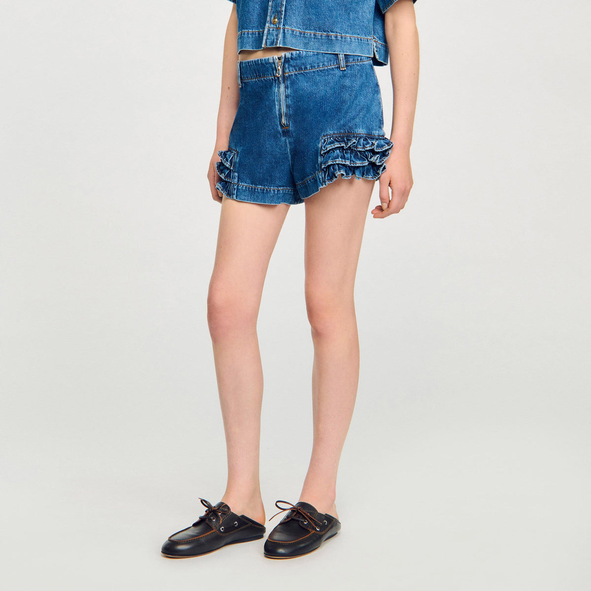 Sandro Ruffled denim shorts