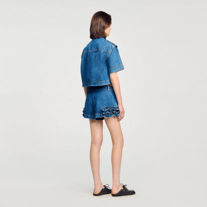 Sandro Ruffled denim shorts