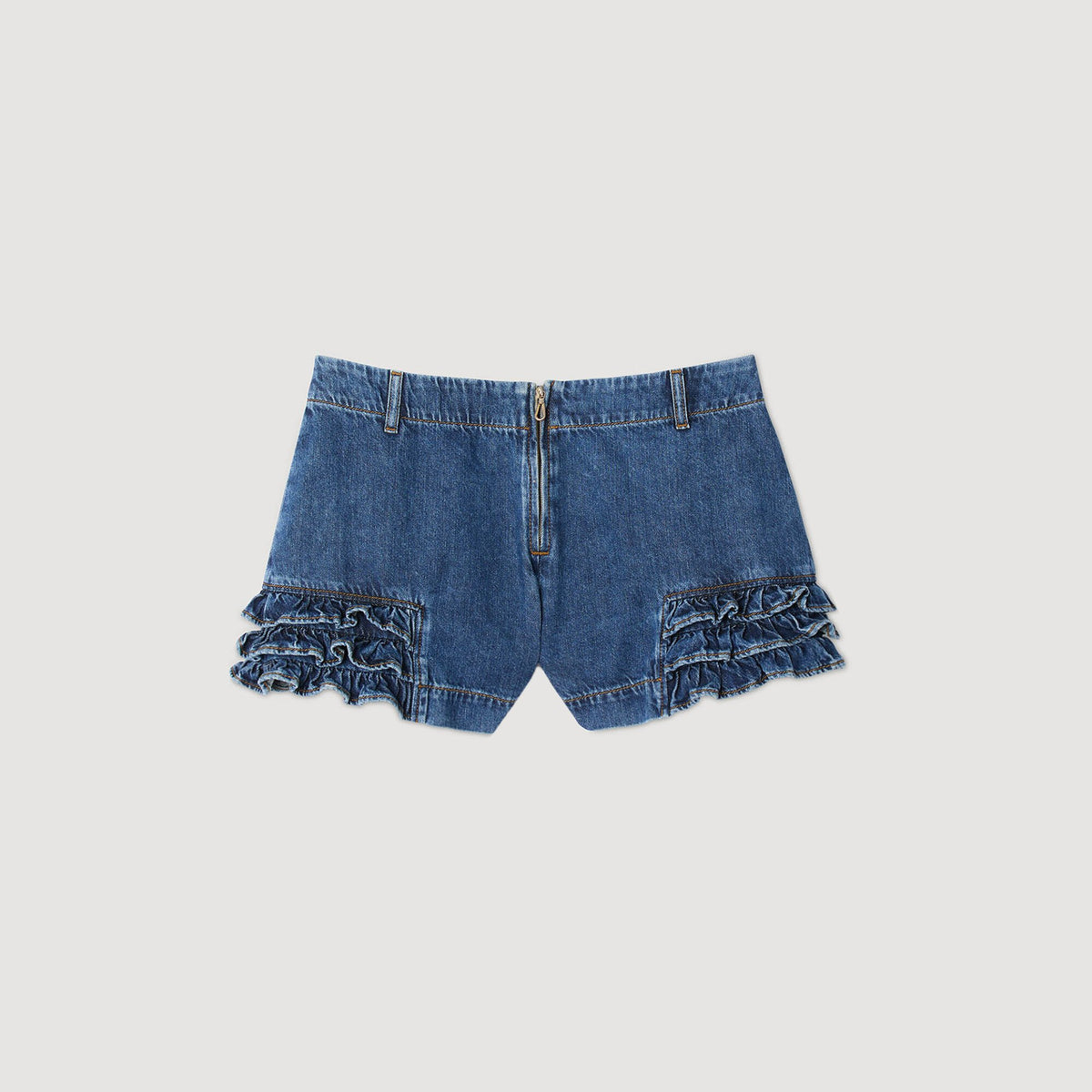 Sandro Ruffled denim shorts