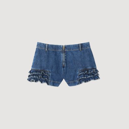 Sandro Ruffled denim shorts