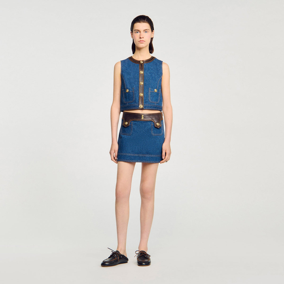 Sandro Denim and leather top