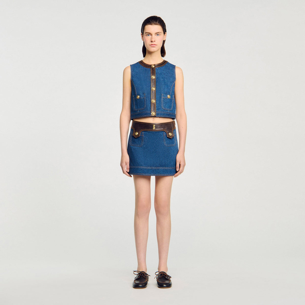 Sandro Denim and leather top