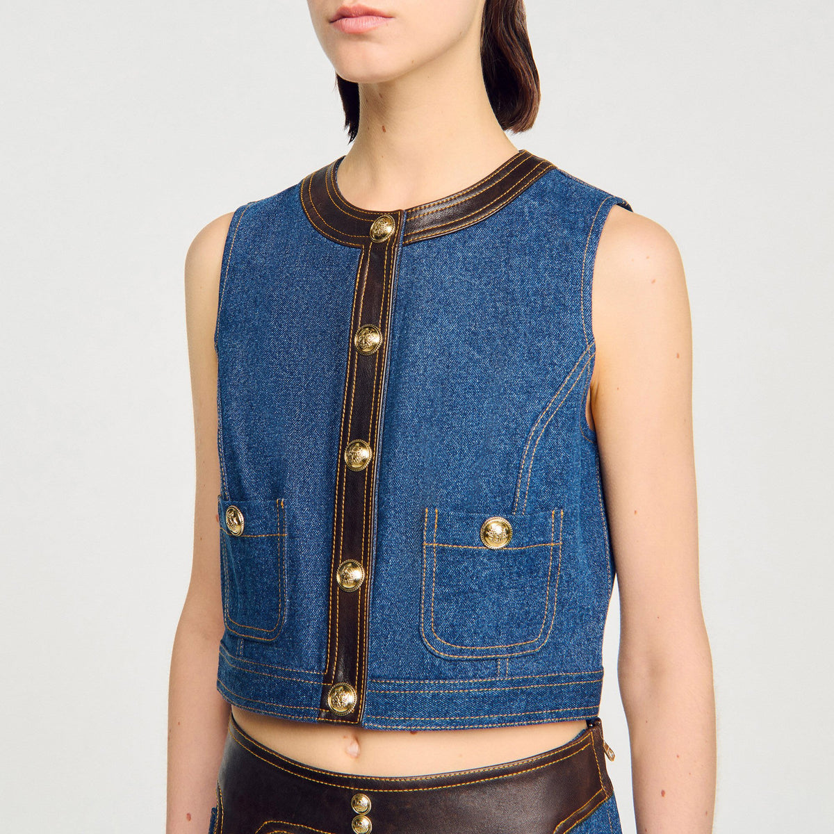 Sandro Denim and leather top