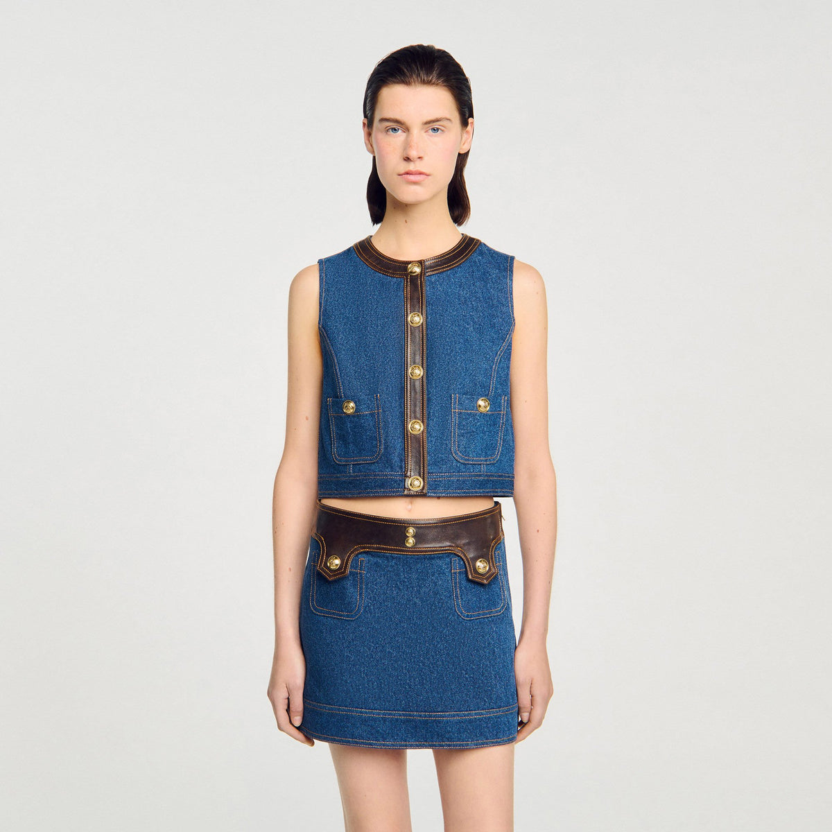 Sandro Denim and leather top