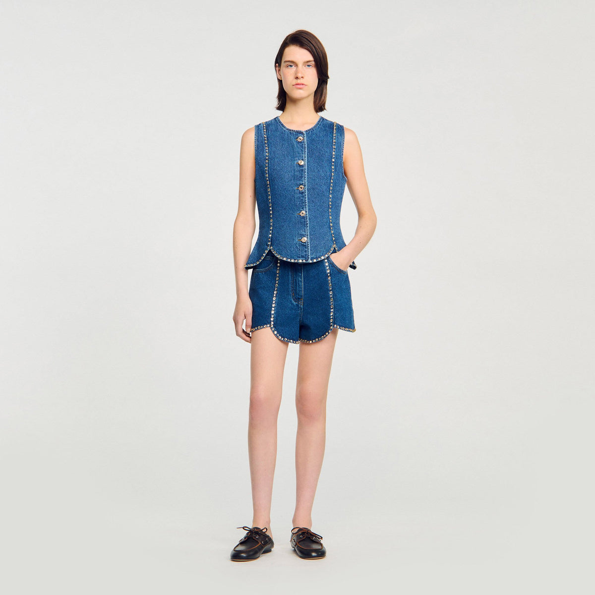 Sandro Rhinestone denim top