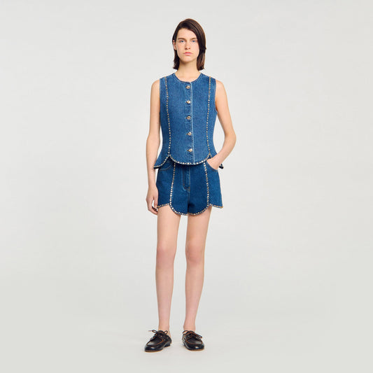 Sandro Rhinestone denim top