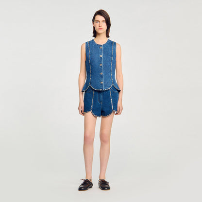 Sandro Rhinestone denim top