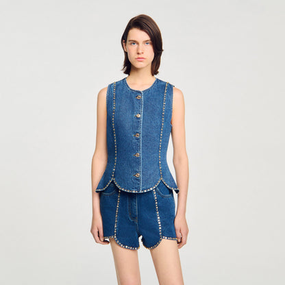 Sandro Rhinestone denim top