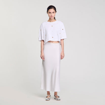 Sandro Cropped pearl bead T-shirt