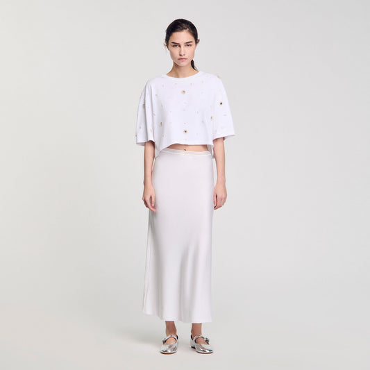 Sandro Cropped pearl bead T-shirt