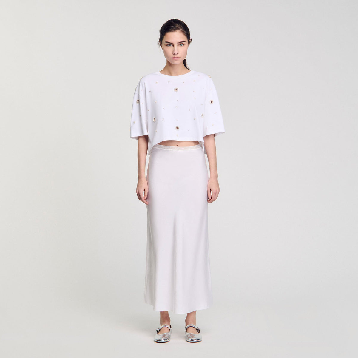 Sandro Cropped pearl bead T-shirt