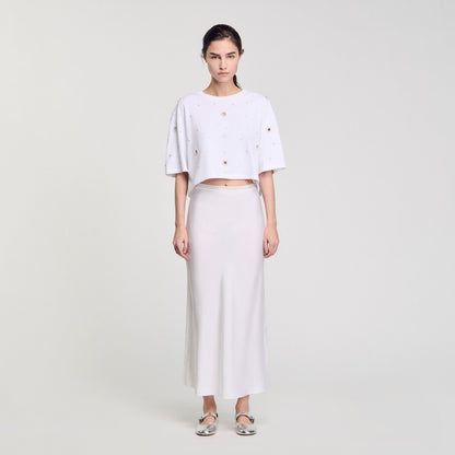 Sandro Cropped pearl bead T-shirt
