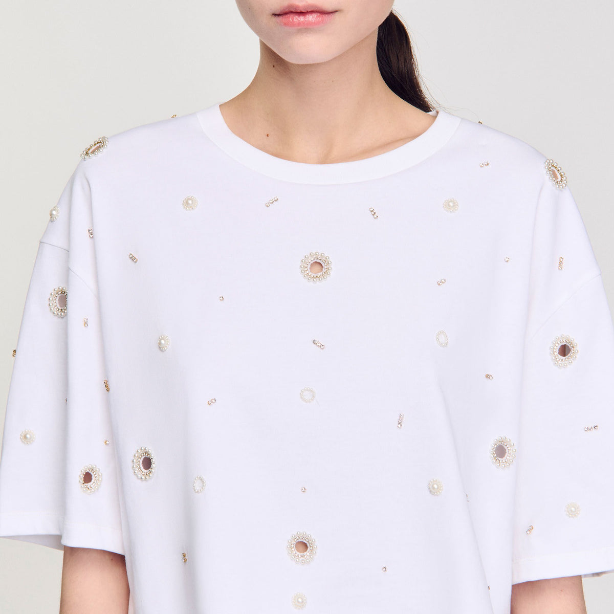 Sandro Cropped pearl bead T-shirt