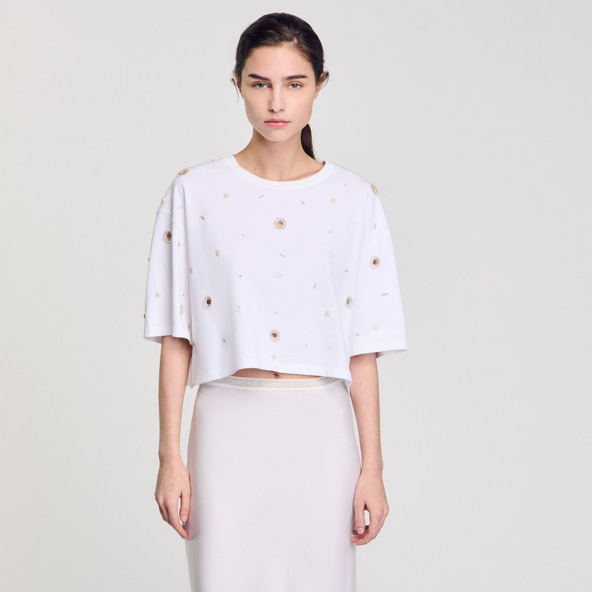 Sandro Cropped pearl bead T-shirt