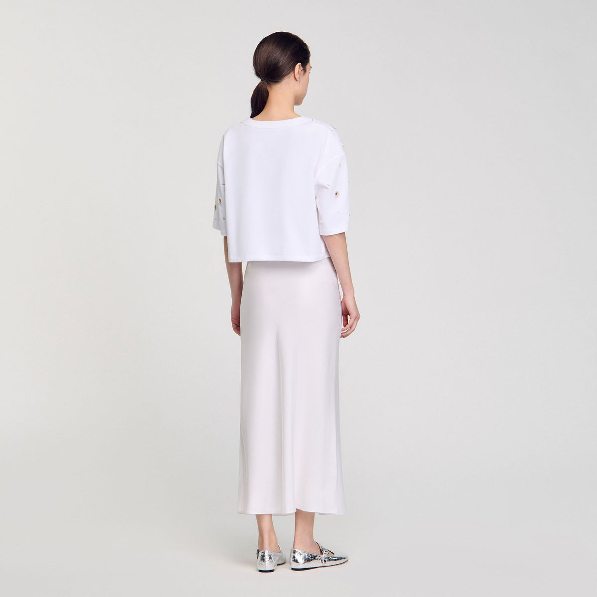 Sandro Cropped pearl bead T-shirt